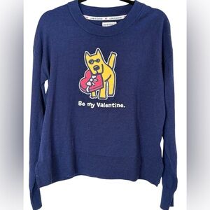 Life Is Good Navy Sweater with “Be My Valentine” Dog Graphic